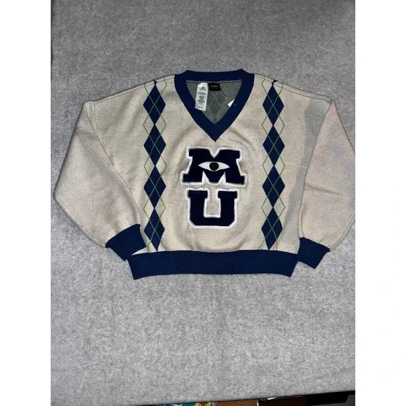 Disney Parks Monsters University Sweater Large Cream Navy V-Neck MU - Picture 1 of 14